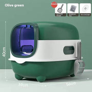 Olive green oversized enclosed cat litter box with UV sterilization, easy-clean design, and included scoop and deodorant bag